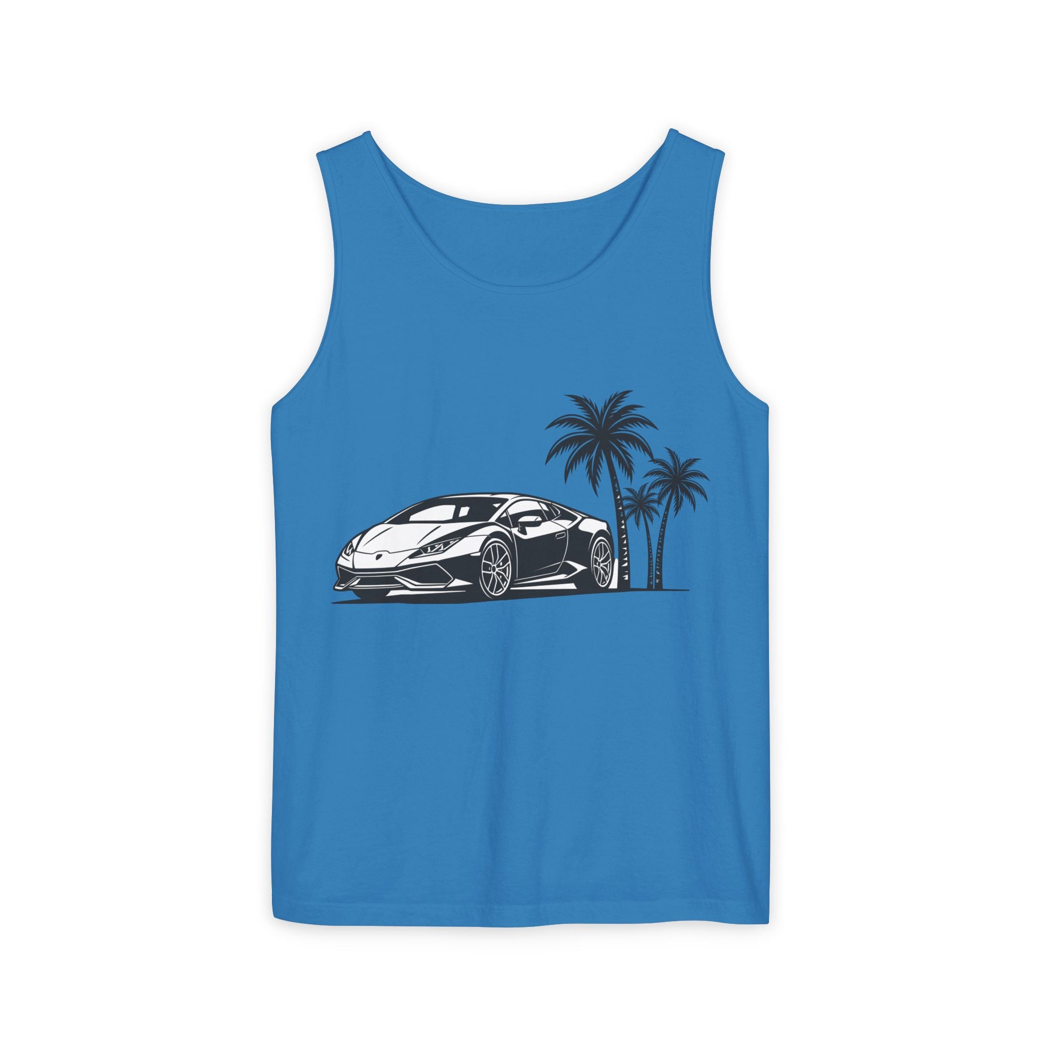 Unisex Garment-Dyed Tank Top — Supercar/Palm Trees