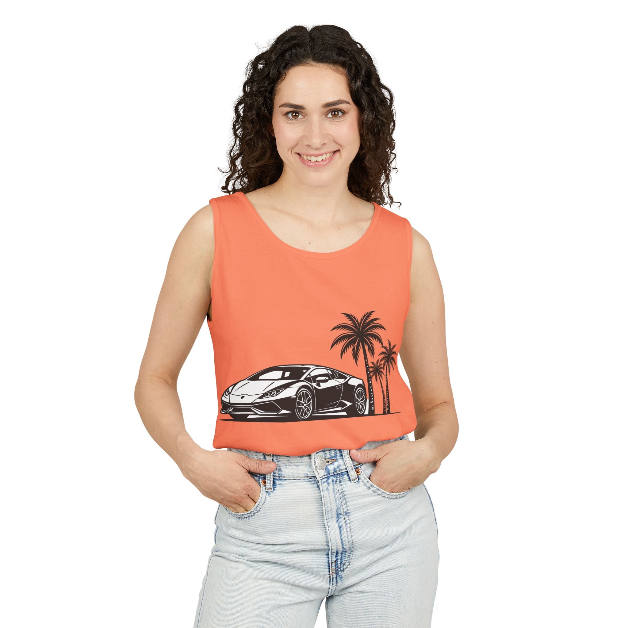 Unisex Garment-Dyed Tank Top — Supercar/Palm Trees