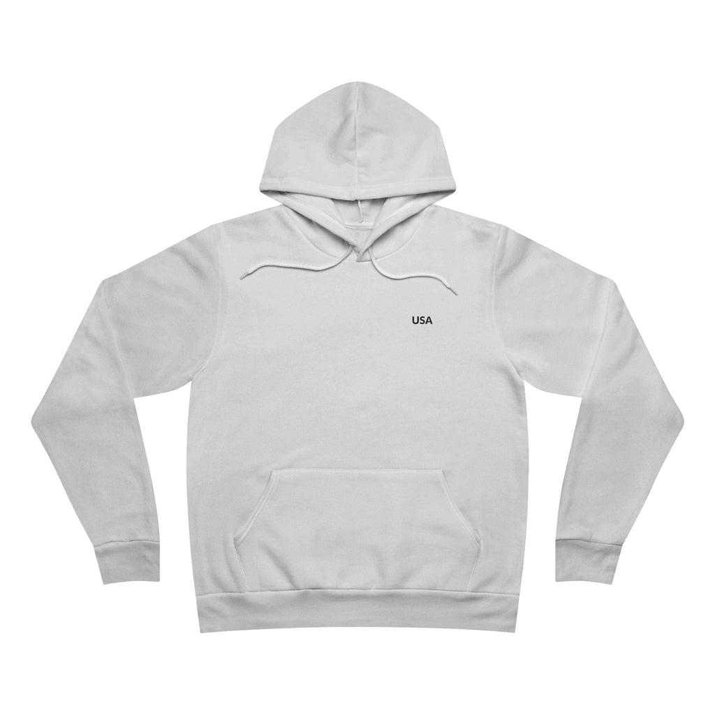Unisex Sponge Fleece Pullover Hoodie — Minimal 'USA' Chest + Distressed Flag Back