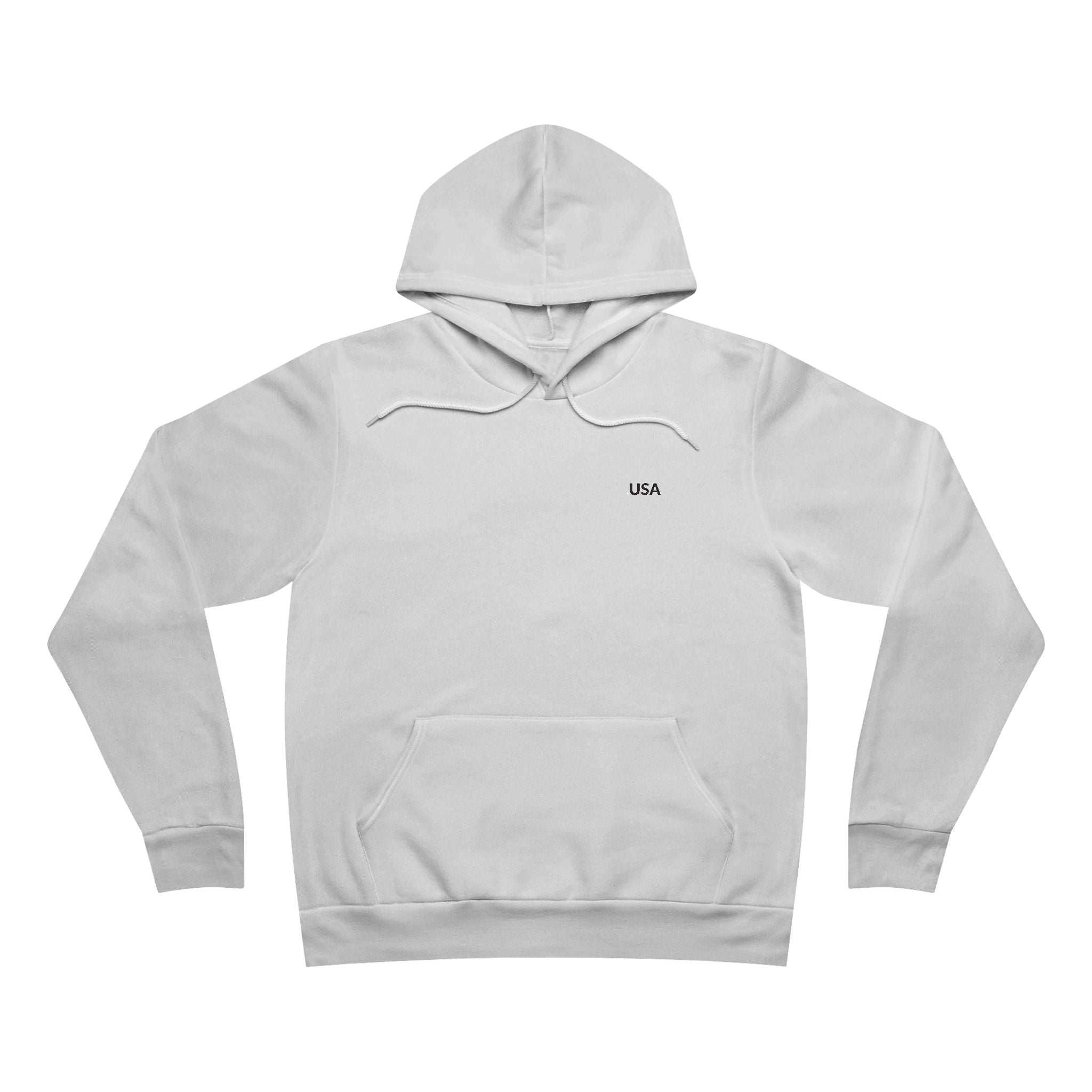 Unisex Sponge Fleece Pullover Hoodie — Minimal 'USA' Chest + Distressed Flag Back