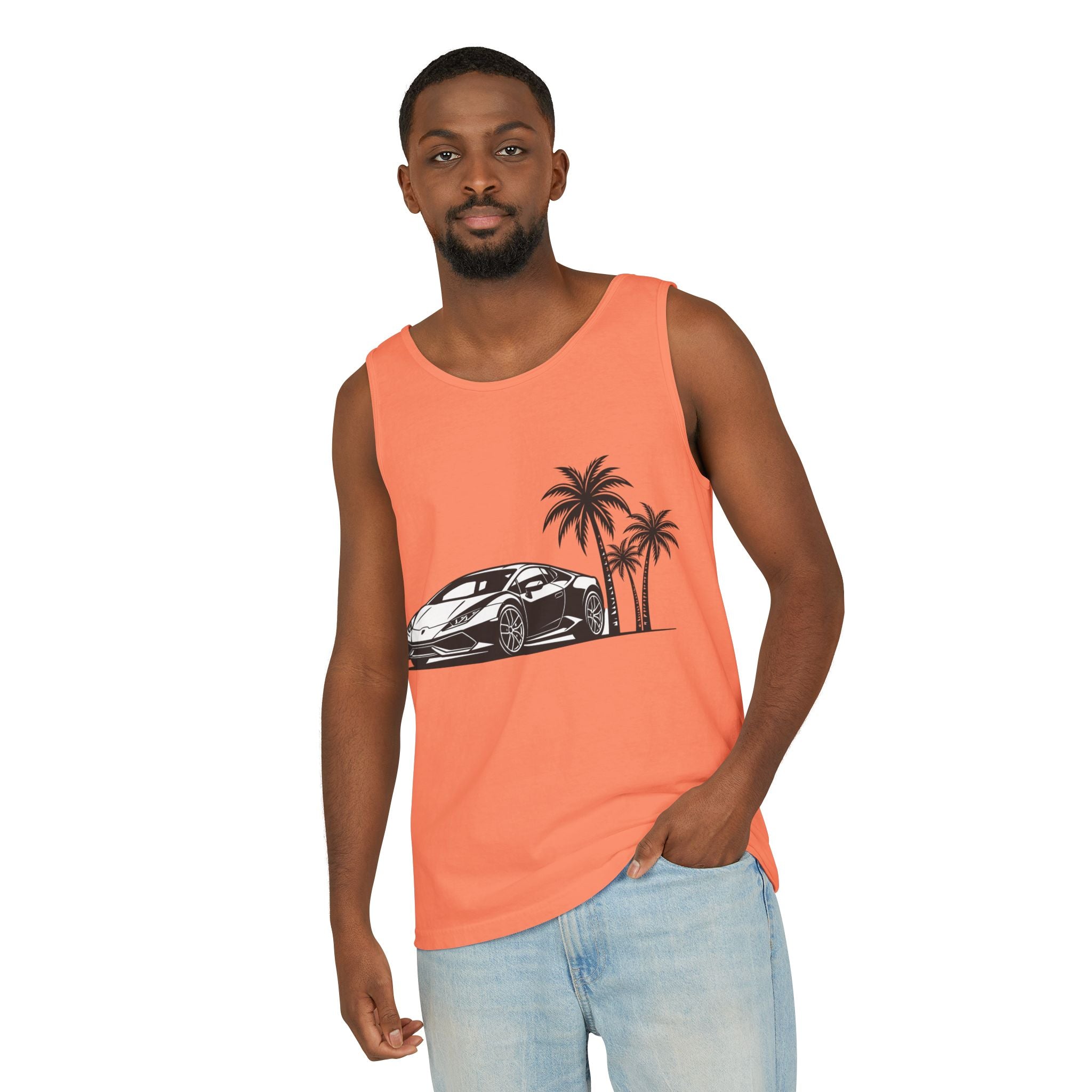 Unisex Garment-Dyed Tank Top — Supercar/Palm Trees