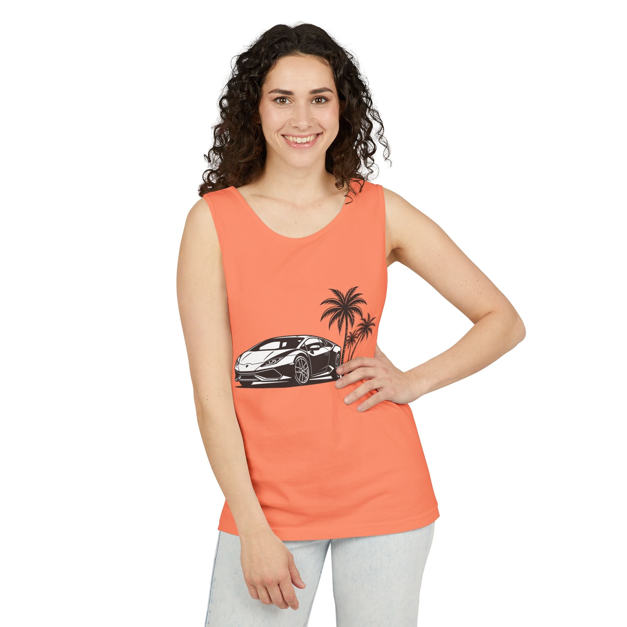 Unisex Garment-Dyed Tank Top — Supercar/Palm Trees