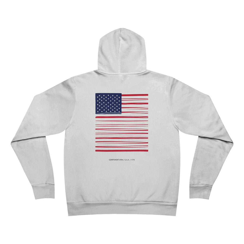 Unisex Sponge Fleece Pullover Hoodie — Minimal 'USA' Chest + Distressed Flag Back