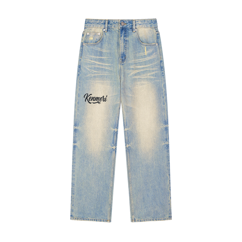 Sun-Fade Raw Hem Denim Jeans - Kenmeri