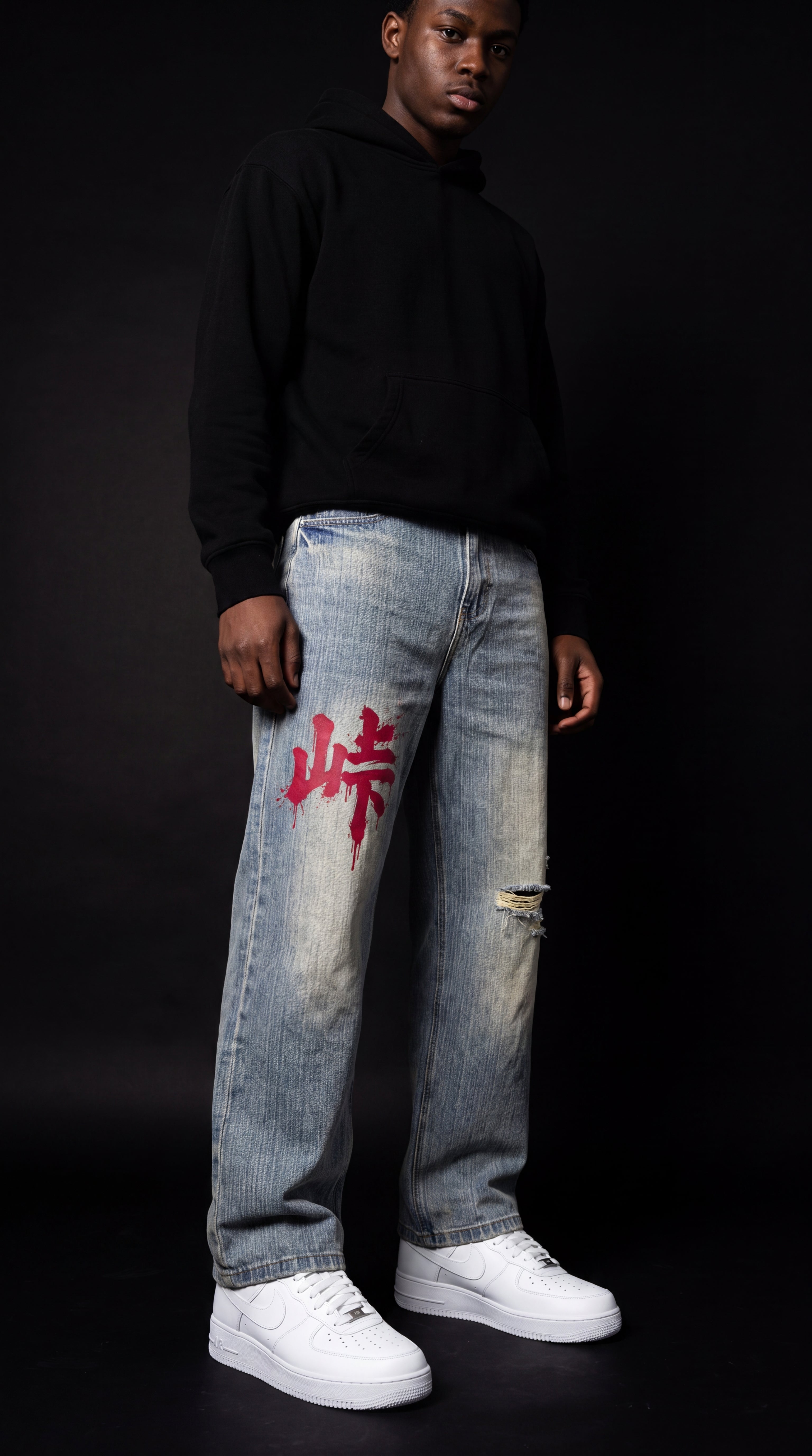 Vintage Wash Distressed Denim Jeans - Kanji (Touge)